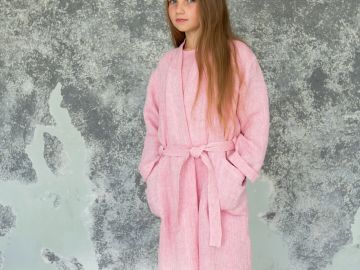 Комплект халат с тапочками детский &quot;Pink&quot; из литовского льна в подарочной коробке